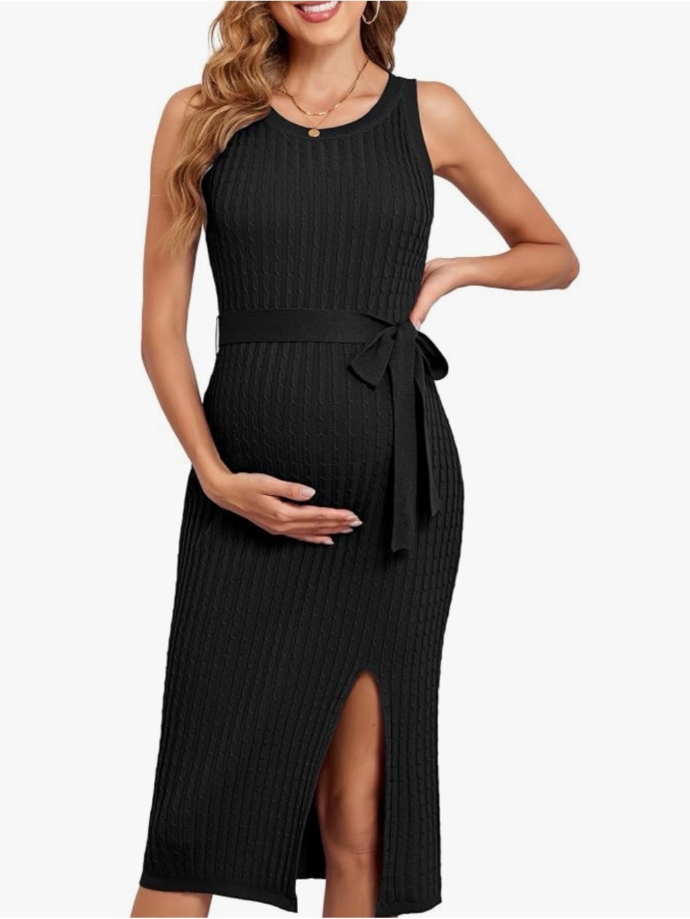 Black Sleeveless Ribbed Midi Dress with Waist Tie MATERNITY - NWT